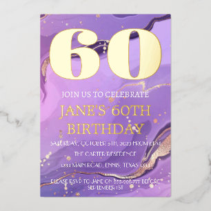 Modern 60th Birthday Purple Gold Foil QR Code Foil Invitation