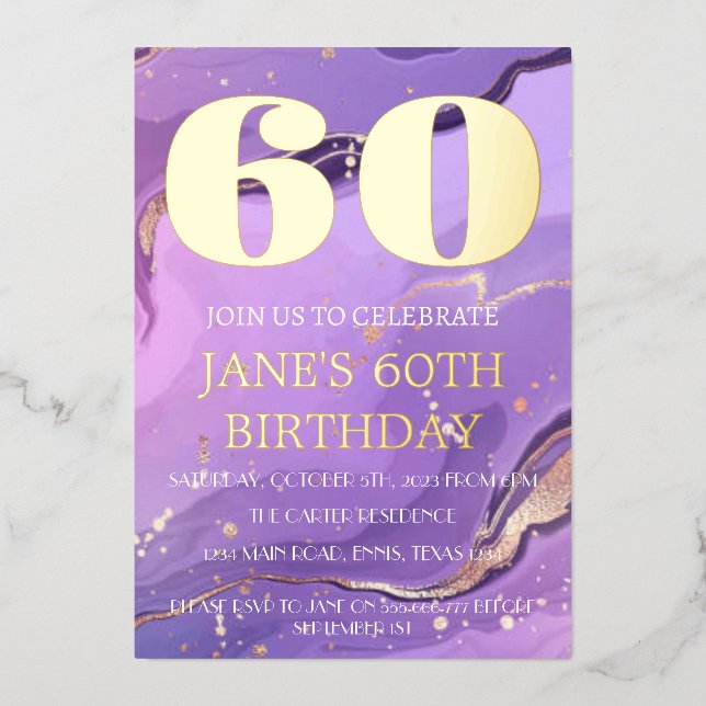 Modern 60th Birthday Purple Gold Foil QR Code  Foil Invitation (Front)