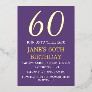 Modern 60th Birthday Purple Gold Foil QR Code Foil Invitation