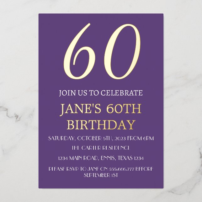 Modern 60th Birthday Purple Gold Foil QR Code  Foil Invitation (Front)