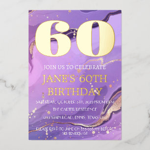 Modern 60th Birthday Purple Gold Foil QR Code  Invitation