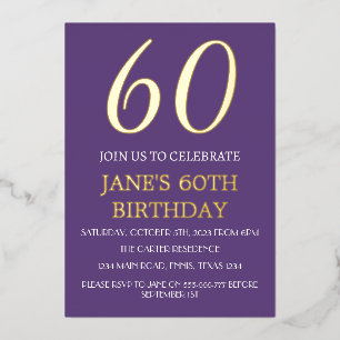 Modern 60th Birthday Purple Gold Foil QR Code  Invitation