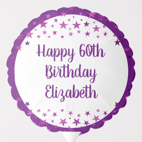 Modern 60th Birthday Purple Stars Your Text Balloon - Customize and personalize this purple glitter stars theme balloon template to make your own. Celebrate a 60th birthday (or any occasion or event) with your personal message (the sample suggests HAPPY 60TH BIRTHDAY NAME). CHANGES:  All text is editable and you can change the font style, size, color and placement by clicking CUSTOMIZE FURTHER. Adds a special touch to a gift or makes great centerpieces for a party or special event.  Contact the designer via Zazzle Chat or makeitaboutyoustore@gmail.com if you'd like this design modified, on another product or would like coordinating items.