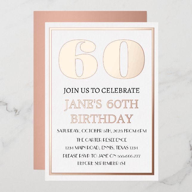 Modern 60th Birthday Rose Gold Foil QR Code Foil Invitation (Front/Back)