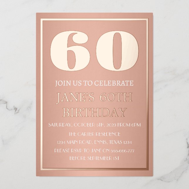 Modern 60th Birthday Rose Gold Foil QR Code Invitation (Front)