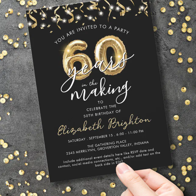 Modern 60th Birthday Script Balloon Streamers Invitation | Zazzle