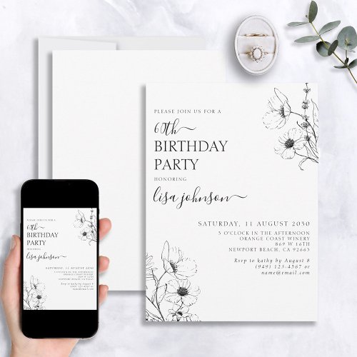 Modern 60th Birthday Script Black White Floral Invitation