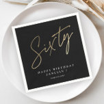 Modern 60th birthday simple stylish elegant napkins<br><div class="desc">Modern 60th birthday simple stylish elegant party napkin features stylish faux gold foil number handwritten script Sixty and your party details in classic serif font on black background color, simple and elegant, great surprise adult milestone party decor for men and women. The black background color can be changed to any...</div>