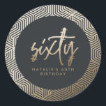 Modern 60th birthday simple stylish elegant script classic round sticker<br><div class="desc">Modern 60th birthday simple stylish elegant gold script & geometric 60th birthday design. Modern geometric backer pattern. Part of a collection.</div>