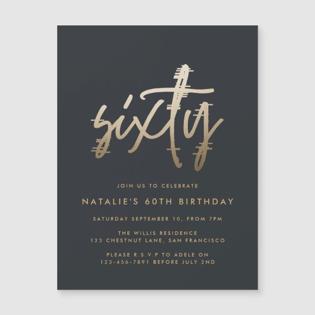 Modern 60th birthday simple stylish elegant script magnetic invitation (Front)