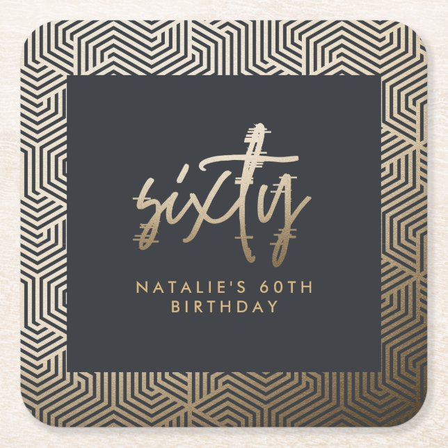 Modern 60th birthday simple stylish elegant script square paper coaster (Front)