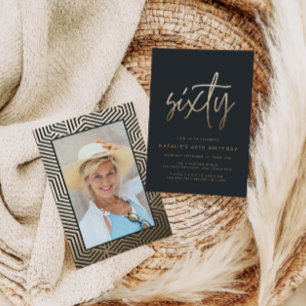 Modern 60th birthday stylish elegant script photo invitation