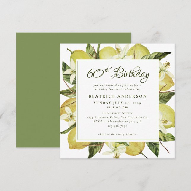 Modern 60th Birthday Watercolor Lemon Botanical Invitation (Front/Back)
