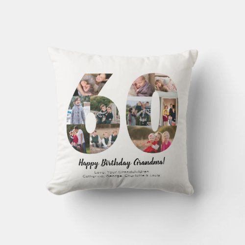 Modern 60th Number Photo Collage Custom Greeting Throw Pillow