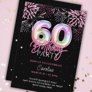 Modern 60th Pink Foil Balloon Fireworks Birthday Invitation