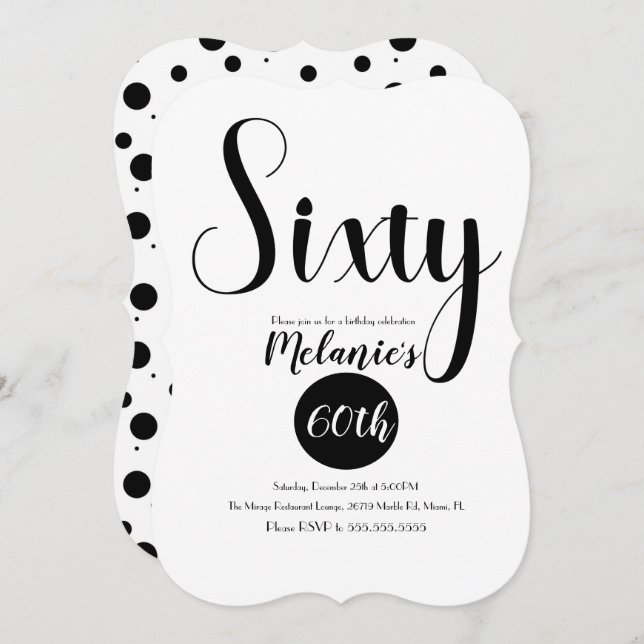 Modern 60th Script Bold Black and White Dots Invitation (Front/Back)