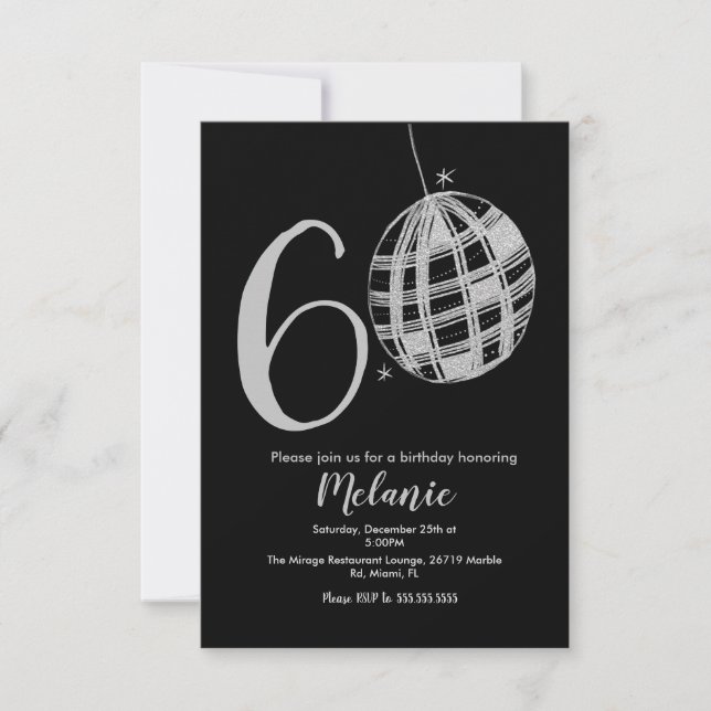 Modern 60th Script Bold Black Disco Glitter Invita Invitation (Front)