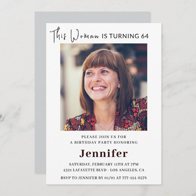 Modern 64th birthday invitations for her Photo (Front/Back)