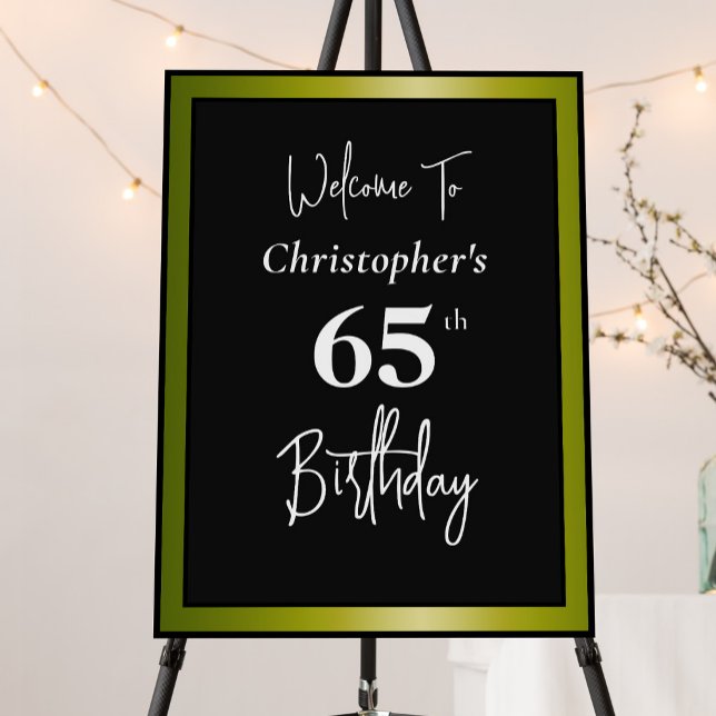 Modern 65th Birthday Welcome Sign Black and Gold (Creator Uploaded)