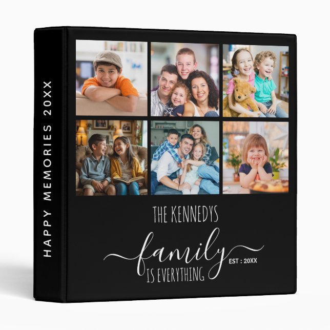 Modern 6 Family Photo Collage Picture Album Black 3 Ring Binder (Front/Spine)