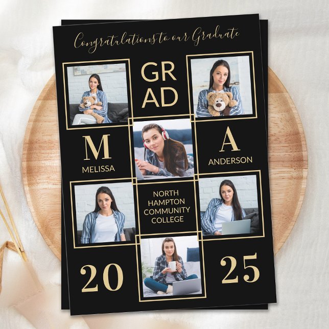 Modern 6 Photo Collage Black Gold Graduation Announcement (Creator Uploaded)