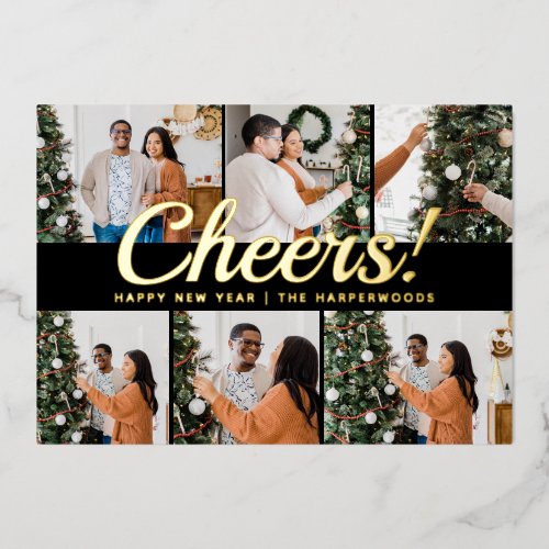 Modern 6 Photo Collage Cheers Happy New Year Foil Holiday Card