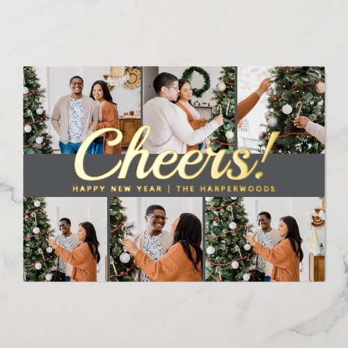 Modern 6 Photo Collage Cheers Happy New Year Foil Holiday Card