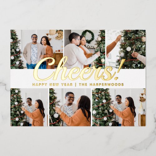Modern 6 Photo Collage Cheers Happy New Year Foil Holiday Card