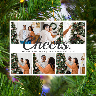 Modern 6 Photo Collage Cheers Happy New Year  Holiday Card