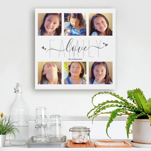 Modern 6 Photo Collage Family Love Script Hearts Faux Canvas Print