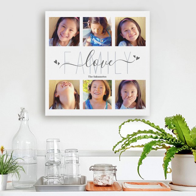 Modern 6 Photo Collage Family Love Script Hearts Faux Canvas Print (Creator Uploaded)