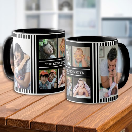 Modern 6 Photo Collage Family Name Black Striped Mug