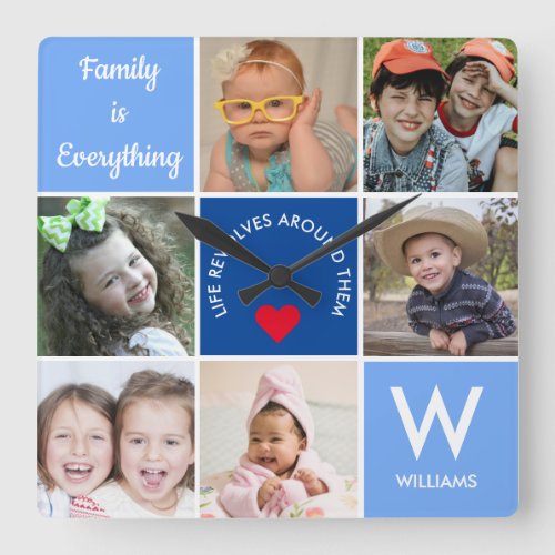 Modern 6 Photo Collage Family Quote Monogram Blue Square Wall Clock