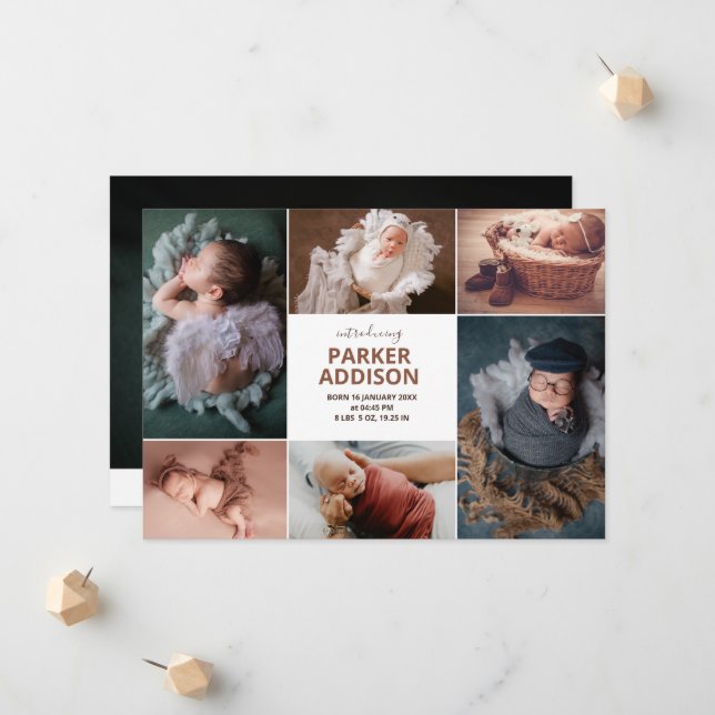 Modern 6 Photo Collage Grid Newborn Baby Birth Announcement (Front/Back In Situ)