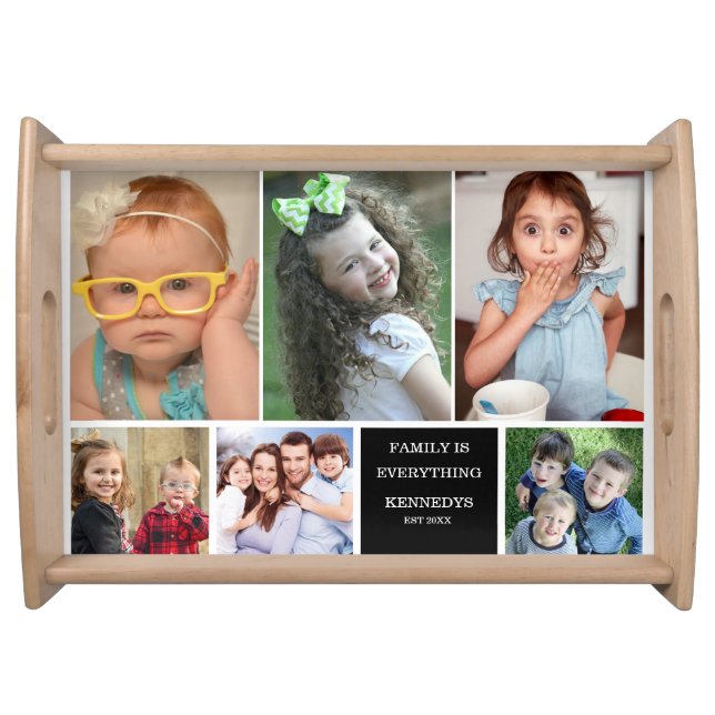 Modern 6 Photo Collage Quote Black Family Name Serving Tray (Front)