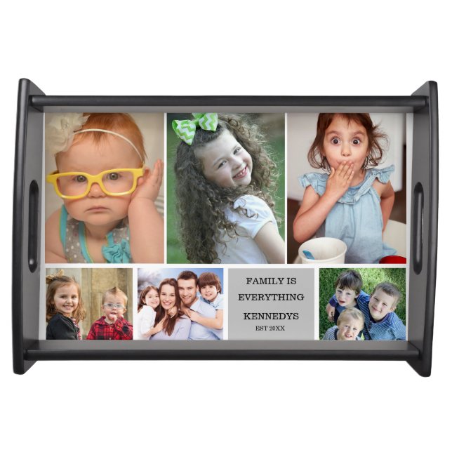 Modern 6 Photo Collage Quote Family Name Serving Tray (Front)