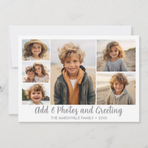 Modern 6 Photo Collage - white with grey script Holiday Card
