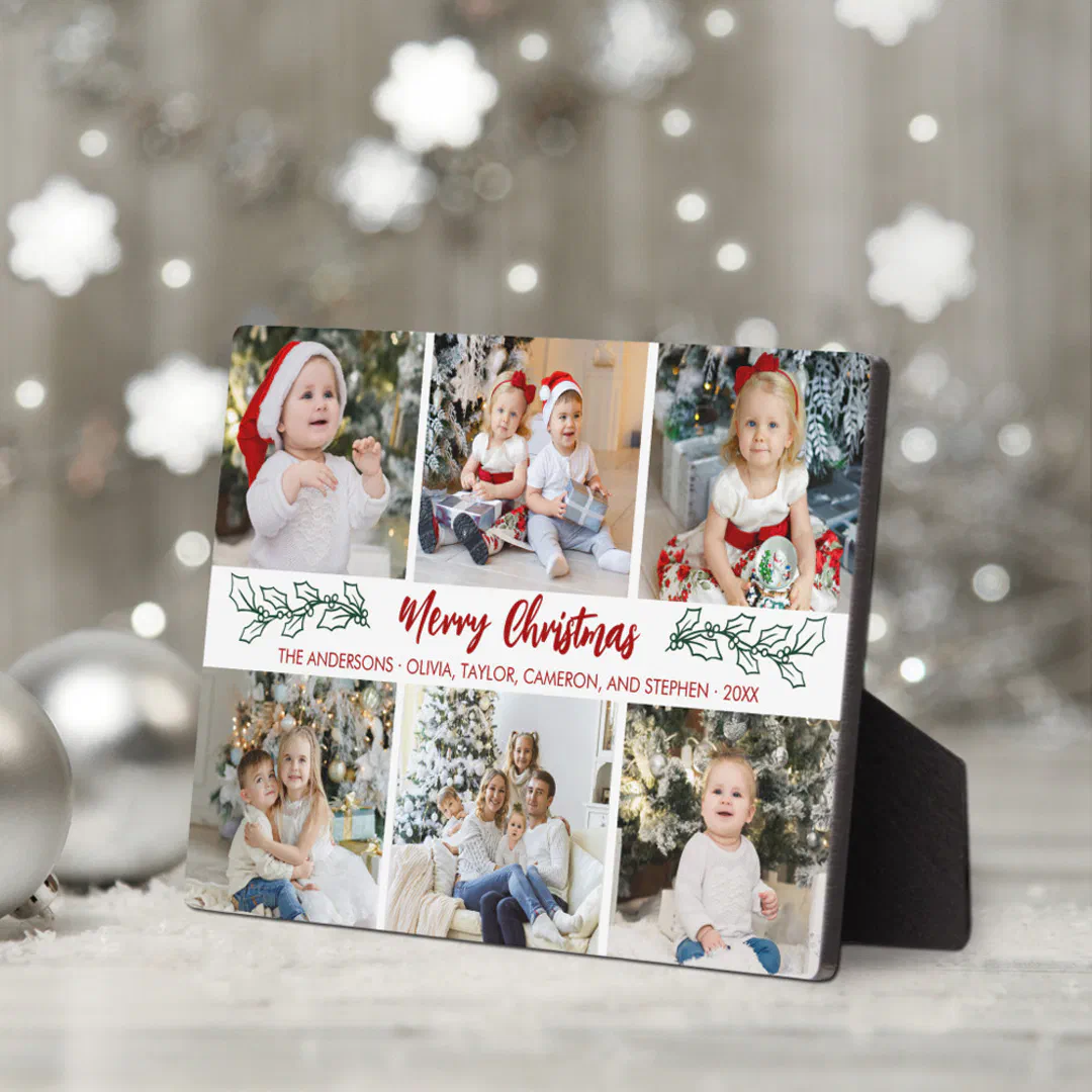 Modern 6 Photo Family Christmas Modern Script Plaque