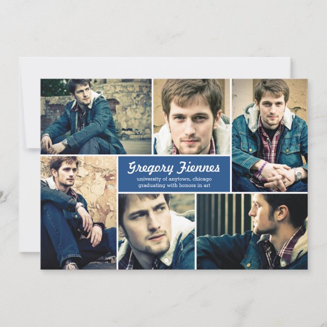 Modern 6 Photo Graduation Announcement in Blue (Front)