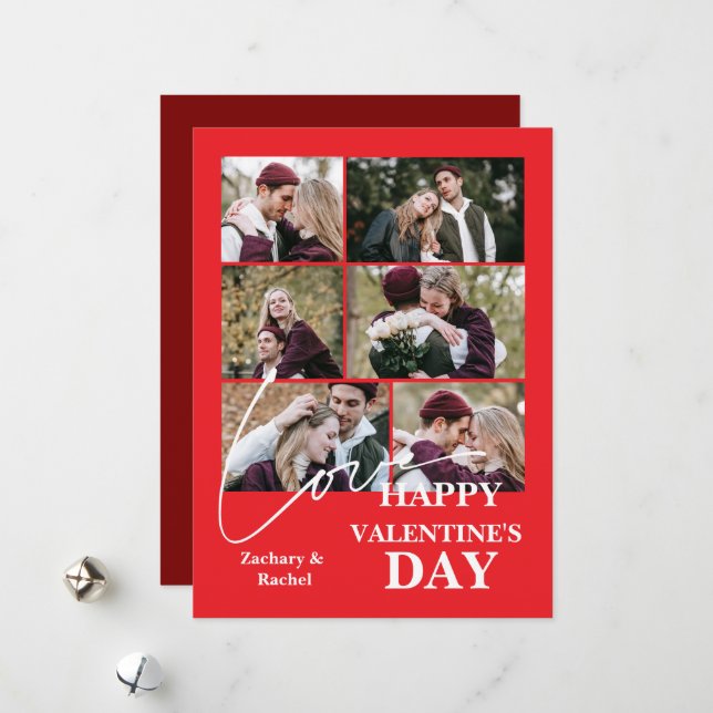 Modern 6 Photo Grid Love Script Happy Valentines Holiday Card (Front/Back In Situ)