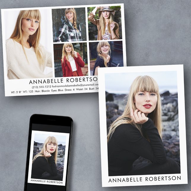 Modern 6 Photo Model and Actor Comp Card (Customize to change background color, text size or text style. Available for prints and download.)