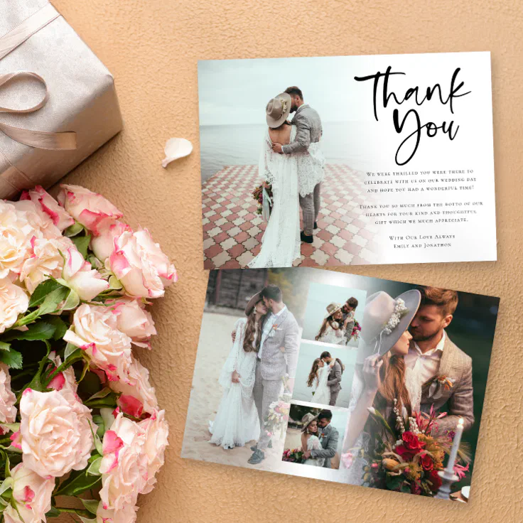 Modern 6 Photo Newlyweds Script Wedding Thank You Card | Zazzle