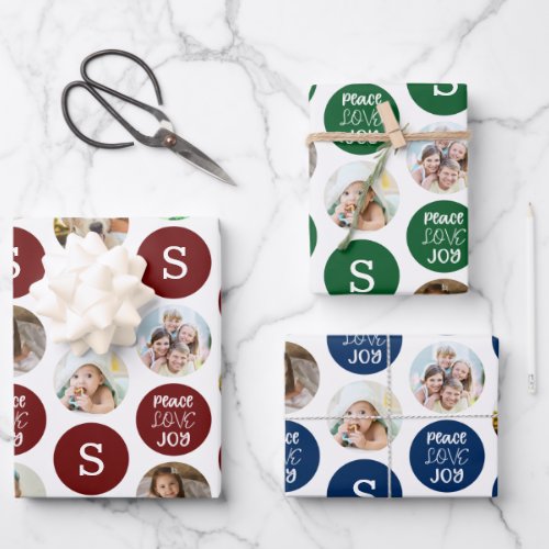 Modern 6 Photo PEACE LOVE JOY Monogram Tri_Color Wrapping Paper Sheets
