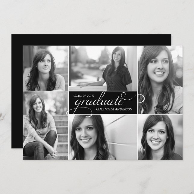 Modern 6 Photo Script Graduation Invite - Black (Front/Back)