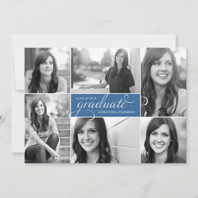 Modern 6 Photo Script Graduation Invite - Blue (Front)
