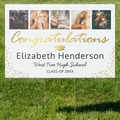 Modern 6 Photo White Gold Graduation 2022 Sign - Graduation announcement yard sign featuring a simple white background that can be changed to any color, a 5 photo collage of the graduate, gold sparkly glitter, and a congratulations template that is easy to personalize. On the reverse is another picture of the student, and the words "clap, honk, wave".