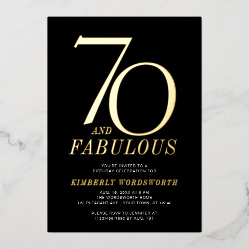 Modern 70 and Fabulous 70th Birthday Black Gold Foil Invitation