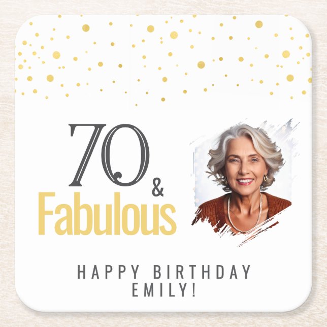 Modern 70 and Fabulous Birthday Photo Square Paper Coaster (Front)