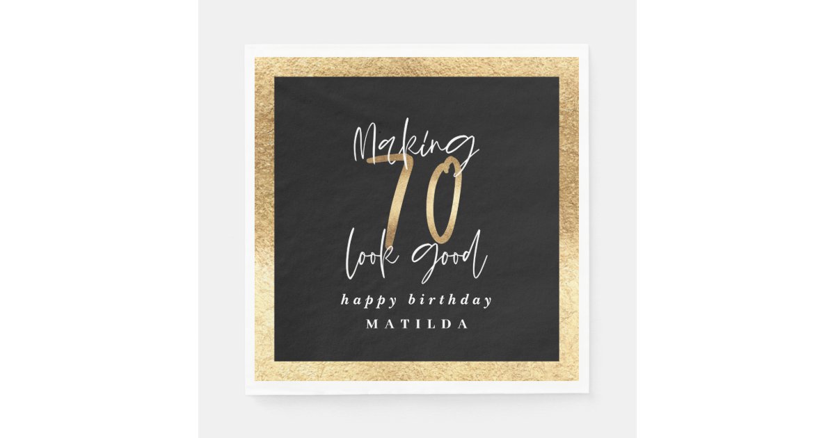 Modern 70 black and gold typography birthday party napkins | Zazzle