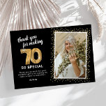 Modern 70th Adult Birthday Photo Thank You Card<br><div class="desc">Elegant seventieth birthday party thank you cards featuring a stylish black background that can be changed to any color,  a photo of the birthday girl / boy,  gold sparkly glitter,  seventy gold hellium balloons,  and a modern thank you template that is easy to personalize.</div>